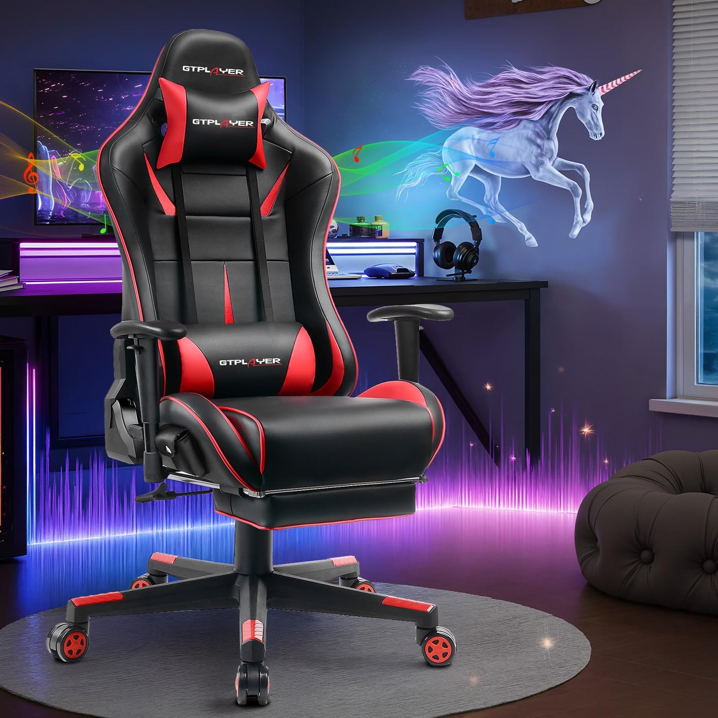 GTPLAYER Gaming Chair with Speakers, Music Gaming Recliner Chair for Adults and Kids, Height Adjustable Computer Game Reclining Chair with Footrest by GTRacing (Red)