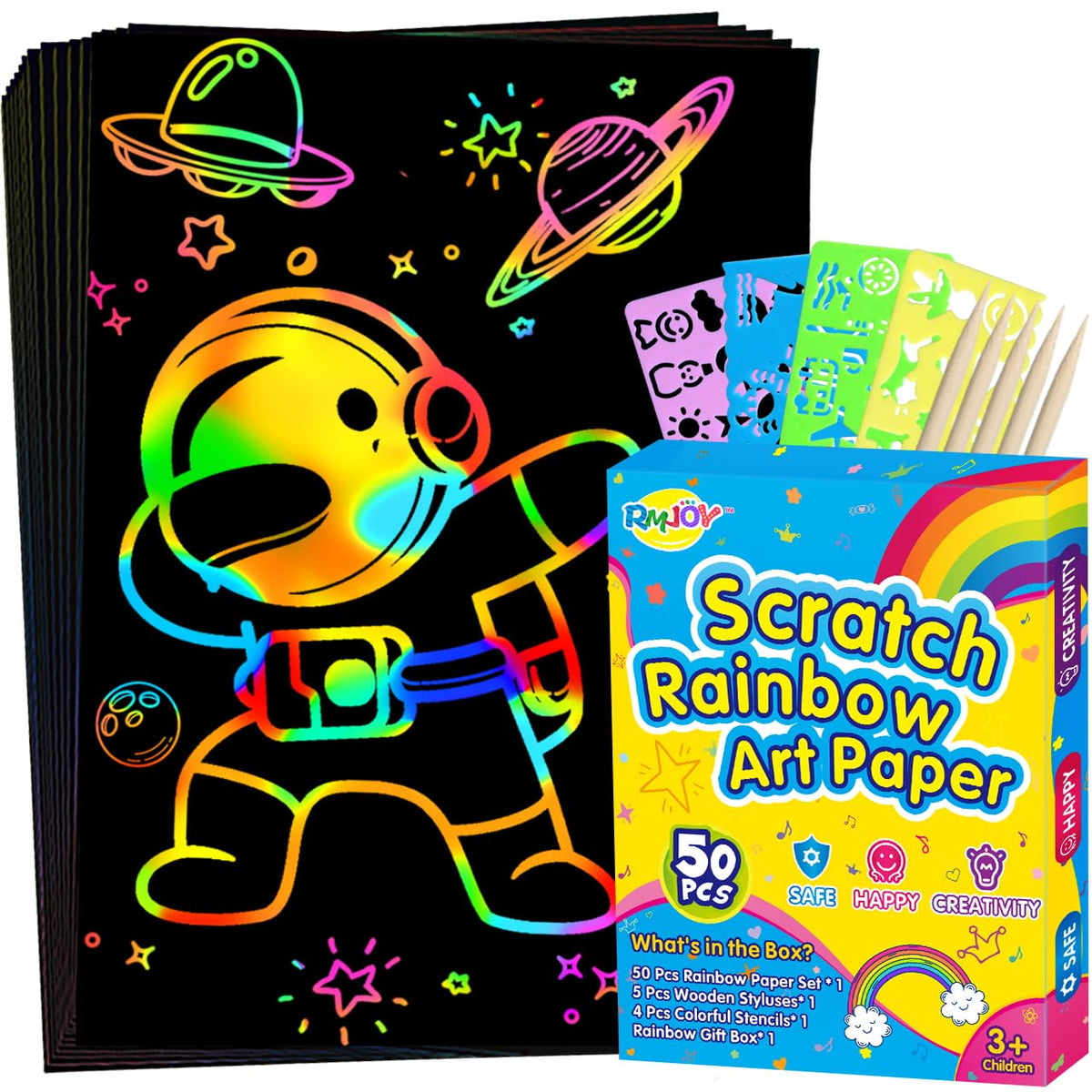 RMJOY Rainbow Scratch Paper Art for Kids: 60PCS Magic Arts Crafts Gifts Toys for Girls Boys Ages 4 5 6 7 8 9 Games Activities for Birthday Family Fathers Day Christmas Stocking Stuffers Easter(Boys)