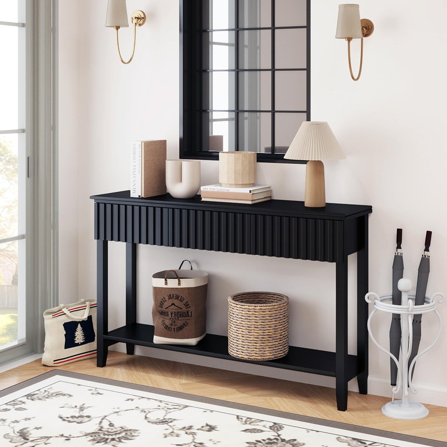 LAZZO Painted Wood Console Table Narrow Long Sofa Table Modern Behind Couch Table Fluted Entryway Table with 3 Drawers and Open Storage Shelf for Living Room, Foyer and Hallway Black (Black, 1 Tier)