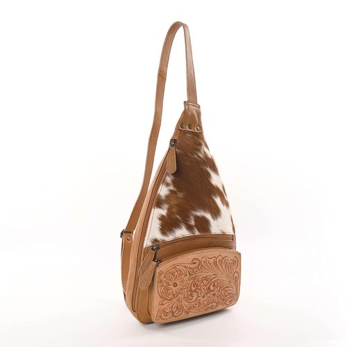 Merbaa Sunset Serenade Sling Cowhide Hair on Crossbody Bag - Hand Tooled Unisex Sling Backpack