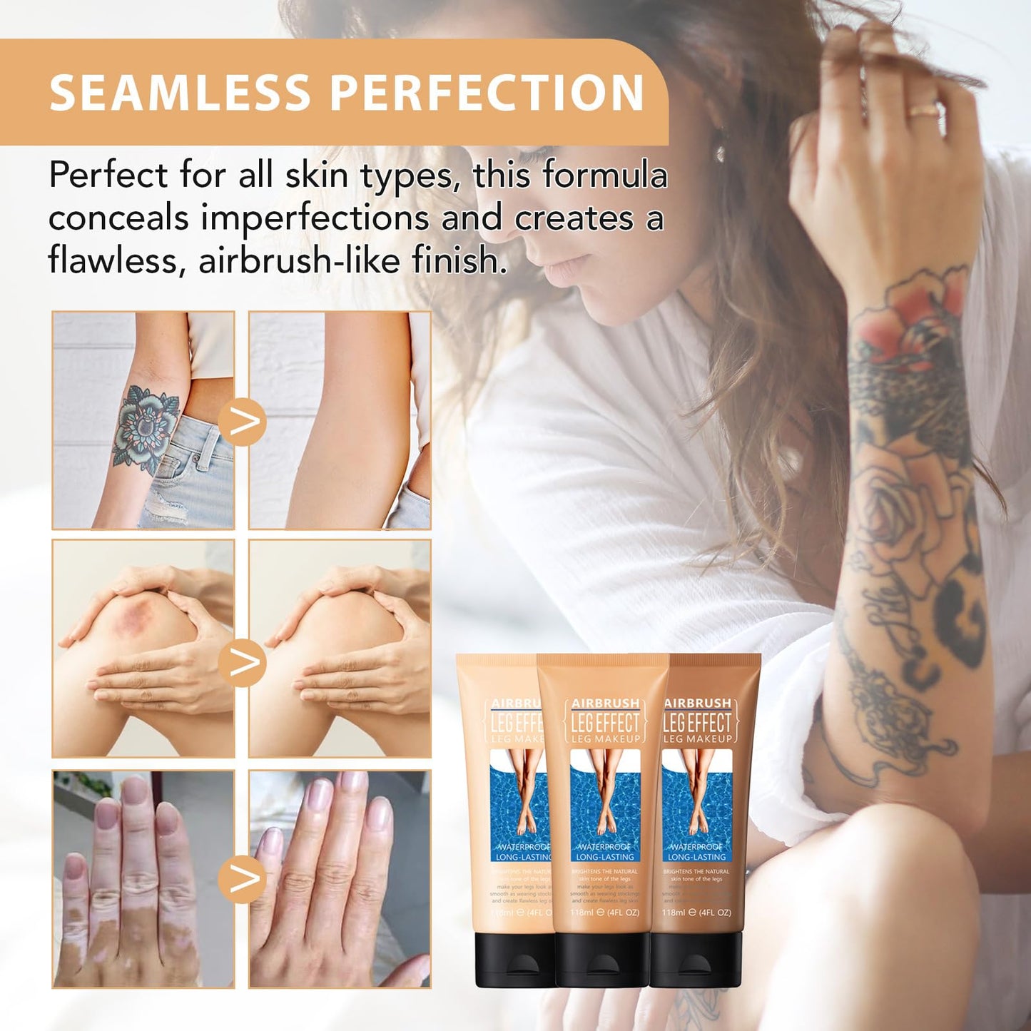 2Pcs Leg Effect Waterproof Makeup, Long-Lasting, Natural Leg Coverage, Body Foundation to Cover Vein, Tattoo and Flaw (02#Medium