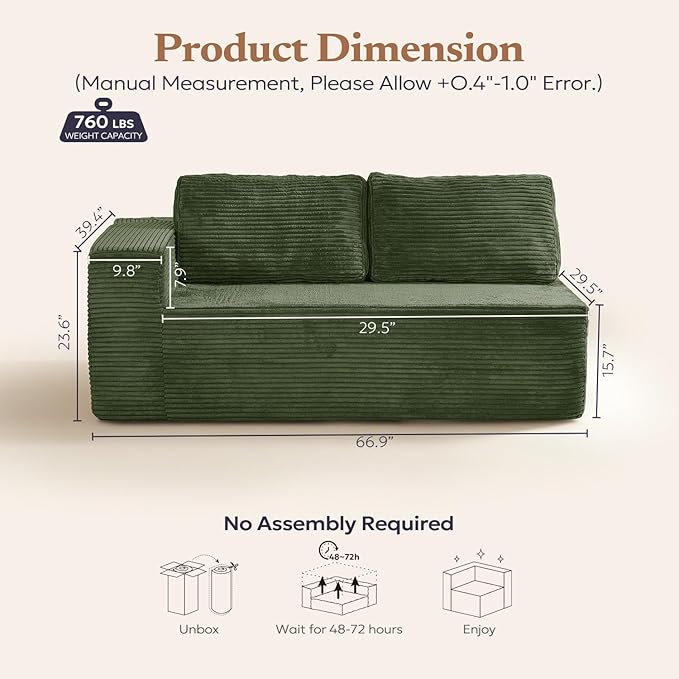 Furnify 67" Loveseat Sofa, Cloud Modular Couch, Upholstered Floor Sofa with Deep Seat, Upholstered Foam Sofa for Bedroom Living Room, No Assembly Required (Green, Plush Corduroy Fabric)