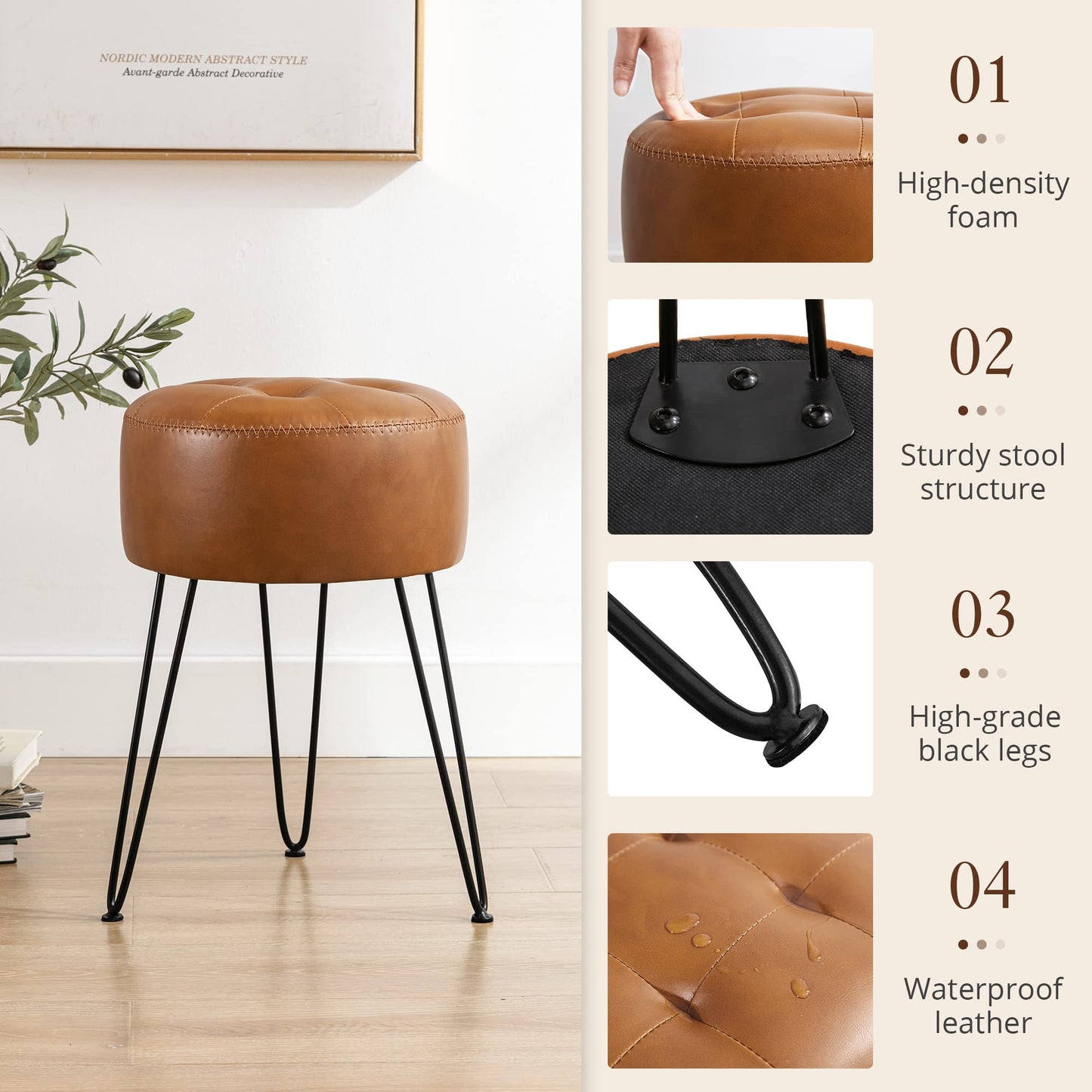 LUE BONA Faux Leather Vanity Stool Chair for Makeup Room,Brown Stool for Vanity,19” Height, Tufted Small Vanity Chair with Metal Legs, Modern Foot Ottoman for Bedroom, Living Room