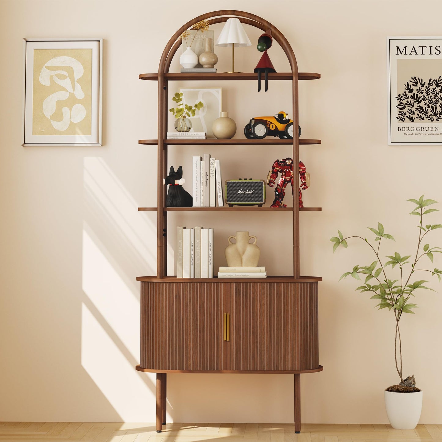 71" Tall Fluted Arched Bookshelf with Sliding Tambour Doors, Mid Century Modern Metal Curved Bookshelf Cabinet with Storage, 4-Tier Open Display Storage Shelf for Home Office, Living Room (Walnut)