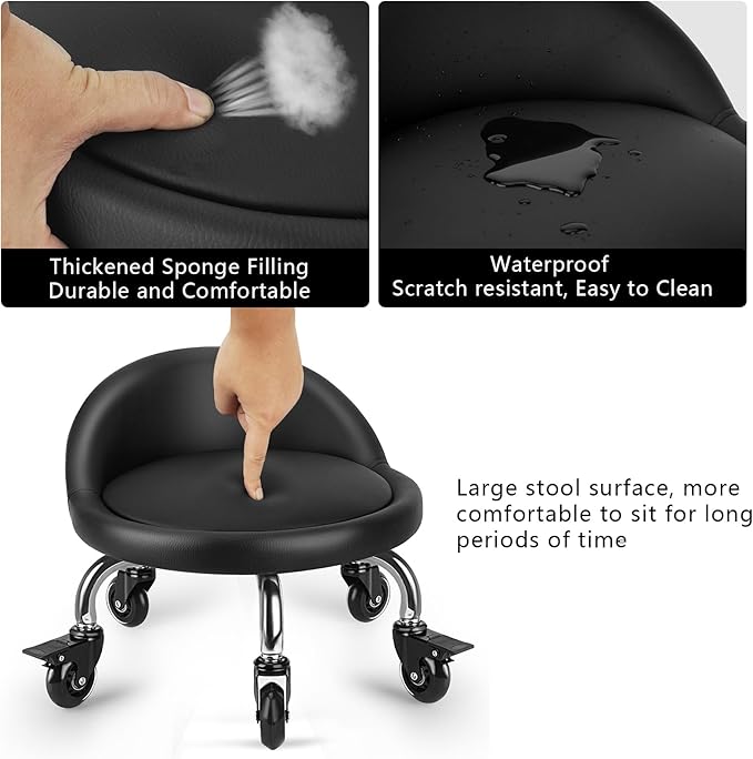 LWADALN Rolling Stool with Backrest Low Height Rolling Stool with PU Leather, Roller Stool Chair, Roller Seats for Home, Office, Garage, Shop, Library (3.2" h Casters)
