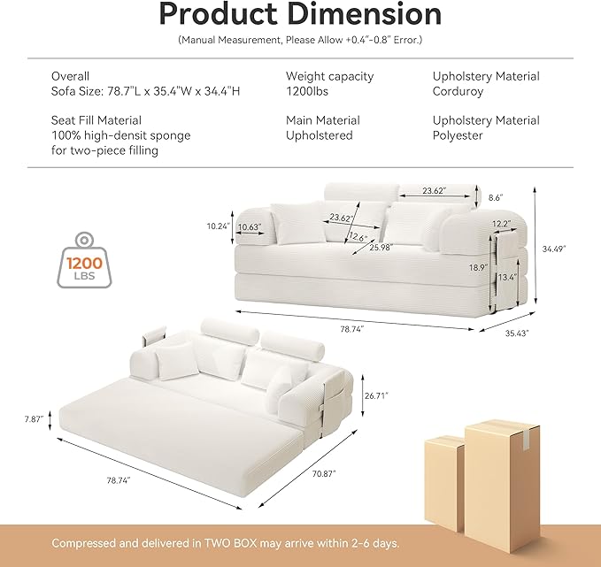 ZQRhome 2026 Upgrade Convertible Sofa Bed, 79 Inch Boneless Couch with Fixed-Shape Frame, Corduroy Fabric with High Backrest, Floor Sofa Modular Futon Couch for Living Room Bedroom Lounge (White) | High Backrest, No Assembly, Convertible Sofa, Space-Sa...