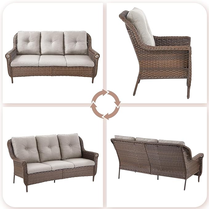 ACTREST Patio Couch Outdoor Wicker Sofa - Heavy Duty All-Weather Brown Rattan 3-Seater with High Back and Comfortable Thick Cushions for Garden Back Porch Poolside Apartment - Beige