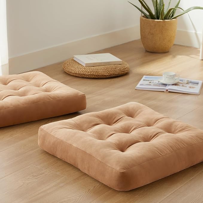 SM-XLHN Meditation Floor Pillow Set of 2, Square Large Pillows Seating for Adults, Meditation Cushion Pillow,Tufted Corduroy Cushion for Tatami Living Room or Yoga, Coffee, 22x22 Inch