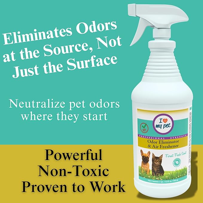 I Love My Pet Odor Eliminator Spray for Home - Instant Neutralizer for Dog and Cat Urine, Carpet, Furniture & Couch Safe, 32oz Forest Fresh Scent - Strongest Enzyme Cleaner for Pet Smell