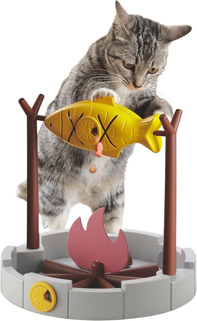 PetPals 11" High Cats Treat-Dispensing Slow Feeder,Pets Dry Food Dispenser,Cats Slow Feeding Snack Bowl, Grilled Fish Spin...