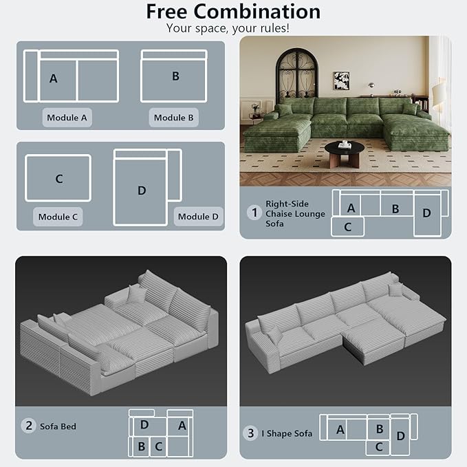 136" Cloud Sectional Couch U-Shaped Chaise with Ottoman, Corduroy Boneless Couch for Living Room Bedroom, Deep-Seat Upholstered Modular Cloud Sofa, No Assembly Required (Green, Right Facing Chaise)