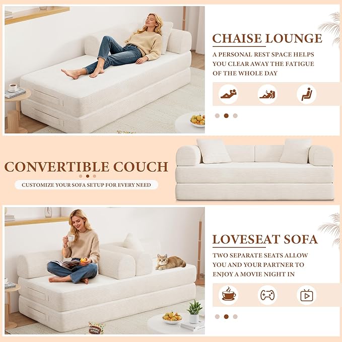 77" Convertible Sofa Bed, Modular Folding Futon Corduroy Floor Foam Compressed Loveseat Sleeper Sofa Couch, Pull Out Queen Size Couch Bed with 2 Pillows for Living Room Guest Room Studio, Beige