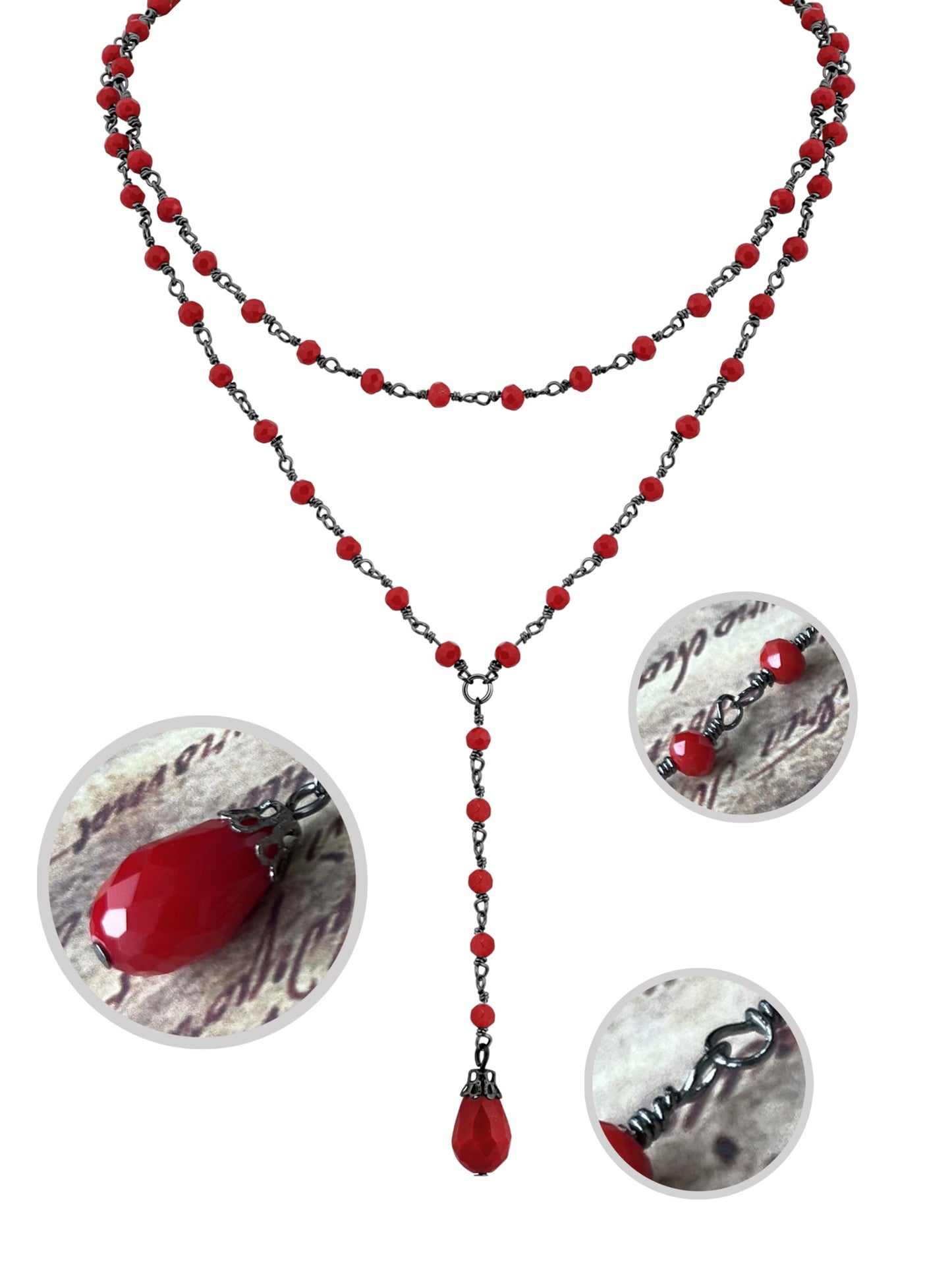 Sacina Gothic Layered Red Choker, Dainty Y Necklace, Bead teardrop Choker, Gothic Goth Necklace, Christmas Jewelry Gift for Women