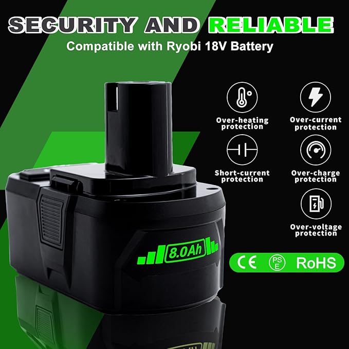 Upgrade 2 Pack 8.0Ah High Capacity Replacement for Ryobi 18V Battery P108 P104 P105 P102 P103 P122 P109 Li-ION Compatible with Ryobi 18V ONE+ System Cordless Power Tools and Charger