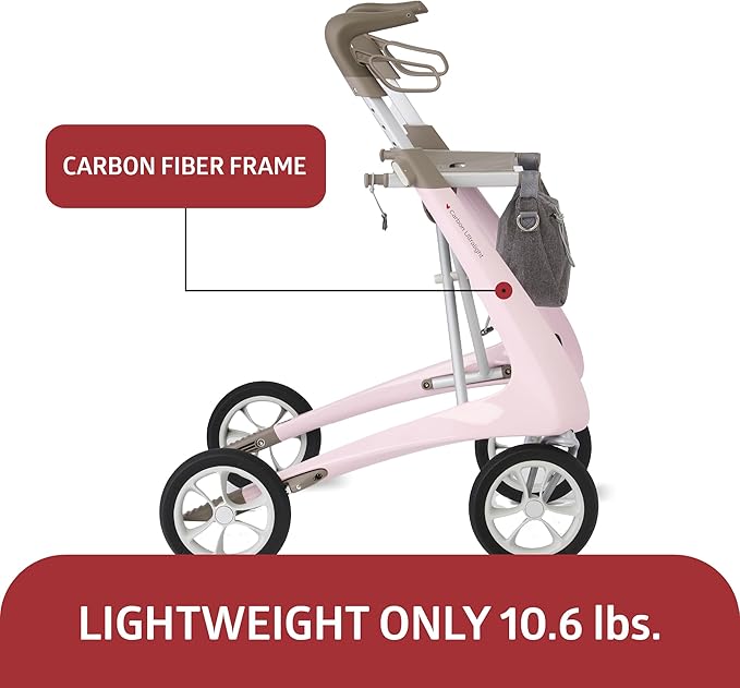 byACRE Ultralight Rollator Walker with Seat, Lightweight Folding Mobility Aid for Seniors, Compact Upright Walking Support,16.5" x 24" Seat (W x H), Comfort Handles and Storage, Pink