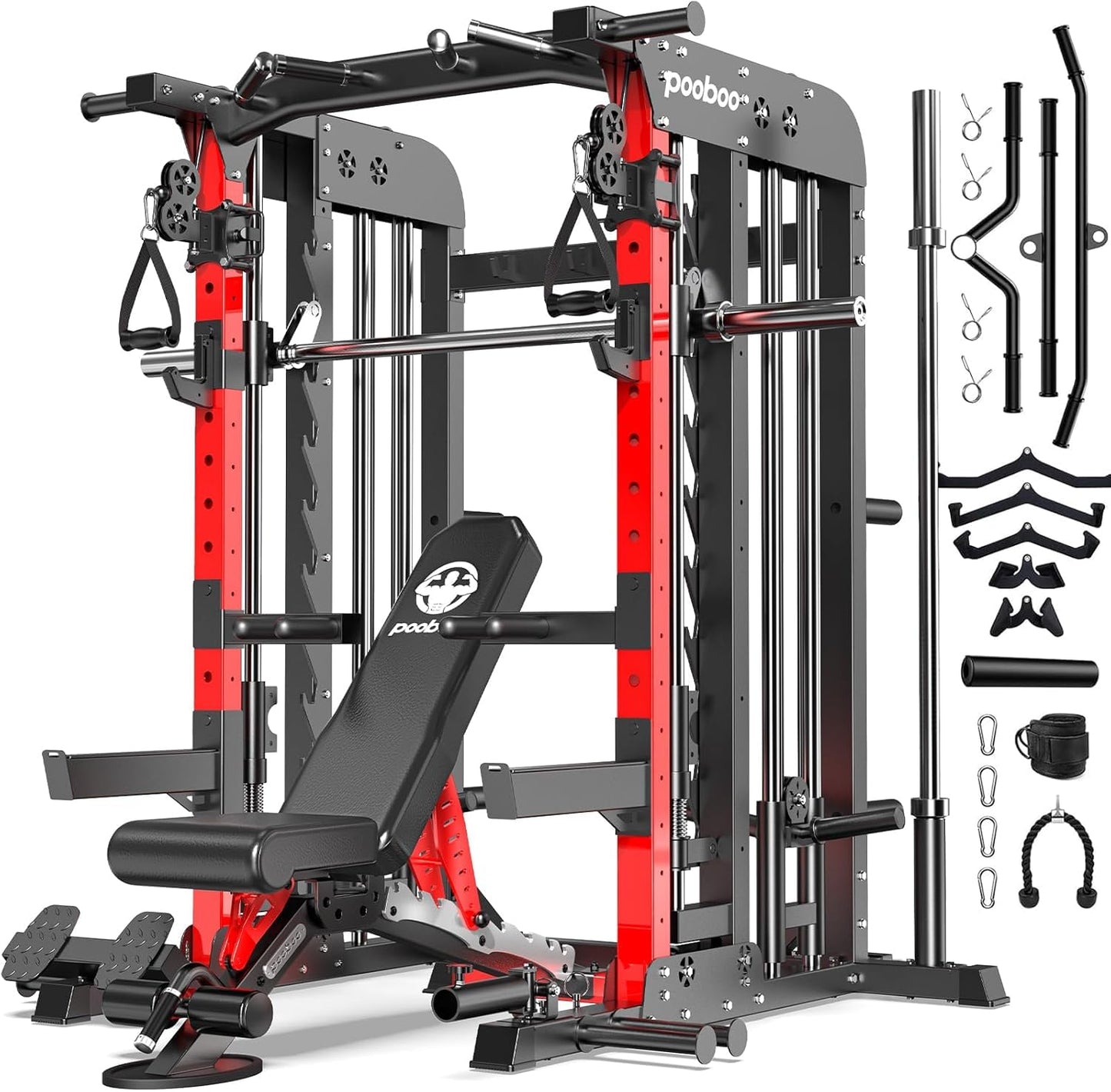 pooboo Multi-Functional Machine Power Cage, 2000LB Squat Rack, LAT-Pull Down System, Dual Pulley Cable Crossover System, Home Gym Workout Machine with Strength Training Attachments (P43 Pro Max)