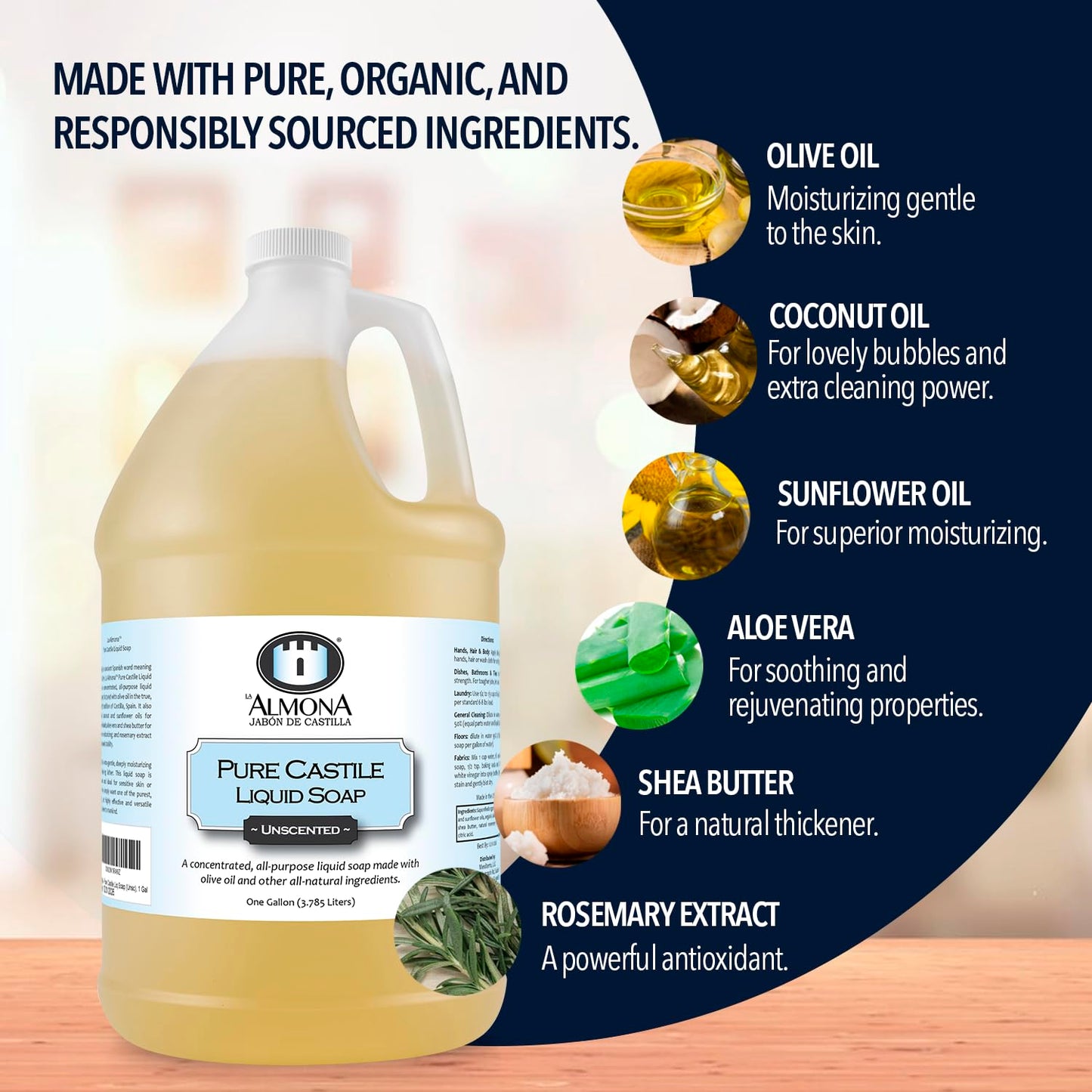 La Almona - Pure Castile Liquid Soap, LEMON, 1 Gallon - Multipurpose: Hands, Face, Body, Laundry, Dishes & More - For Sensitive