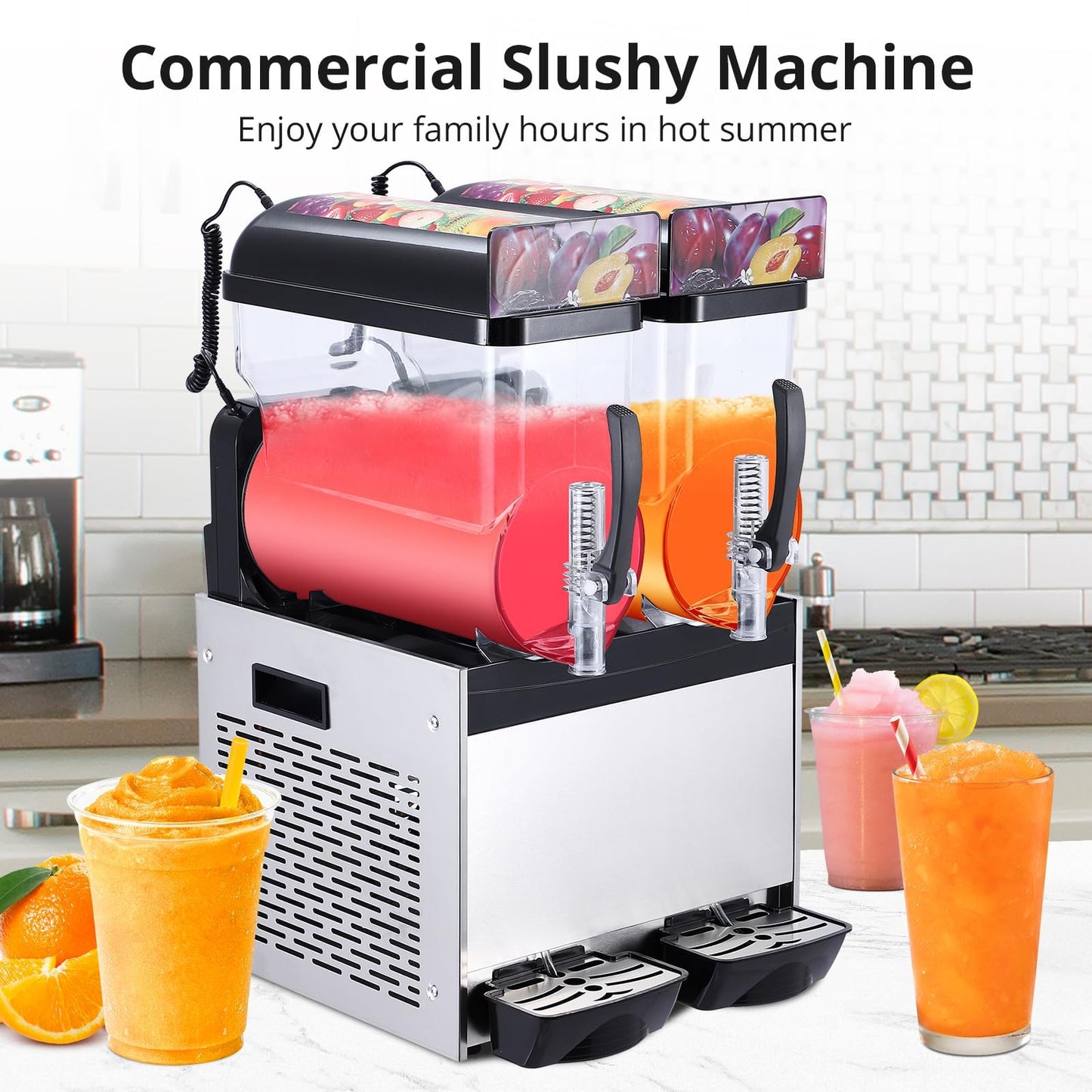 GarveeTech Commercial Slushy Machine, 15 L*2 slushy machine for home, 700W Professional cocktail margarita Frozen Drink Maker with Automatic cleaning mode, Stainless Steel Construction, Efficient