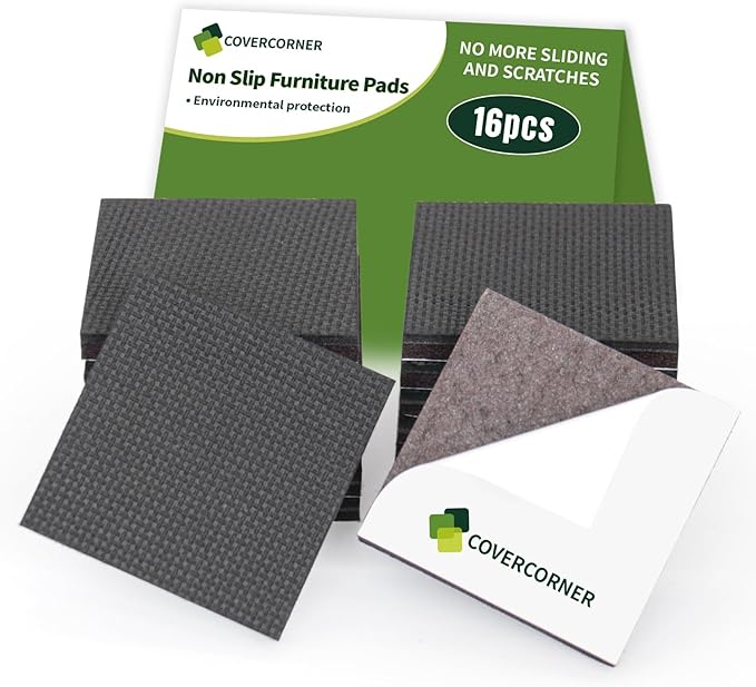 COVERCORNER Non Slip Furniture Pads 16 PCS 2 1/2'' Square - Anti Slip Furniture Pads - Self Adhesive Rubber Feet Furniture Feet - Chair Leg Floor Protectors - Keep Furniture in Place
