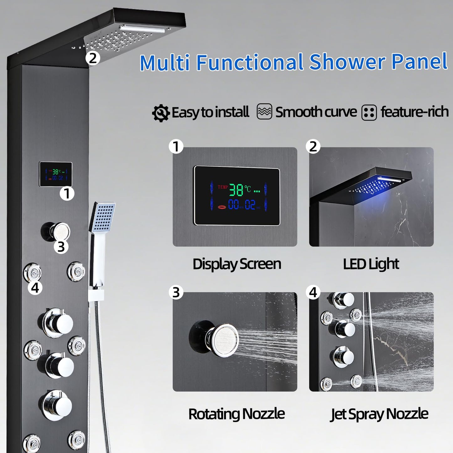 HSYLYPA Shower Panel Tower System Shower Panel Tower with Powerful Body Jets, Rainfall, Waterfall,Handheld and Tub Spout,Stainless Steel LED Shower Column - Brushed Black