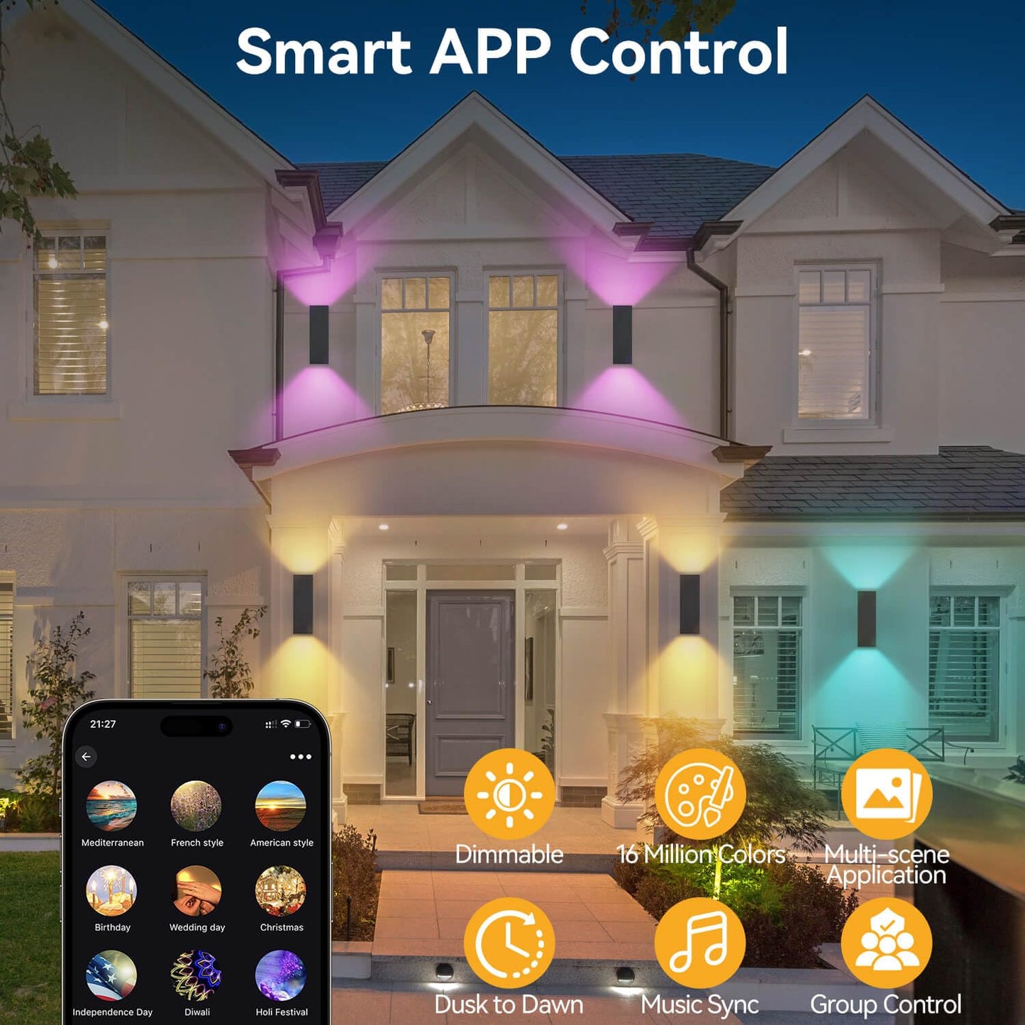 Zinola Outdoor Wall Lights, RGBCW Smart Porch Lights Modern Dusk to Dawn Outdoor Light Fixture Color Changing Light with Remote Control, Waterproof Sconce Compatible with Alexa Google Assistant