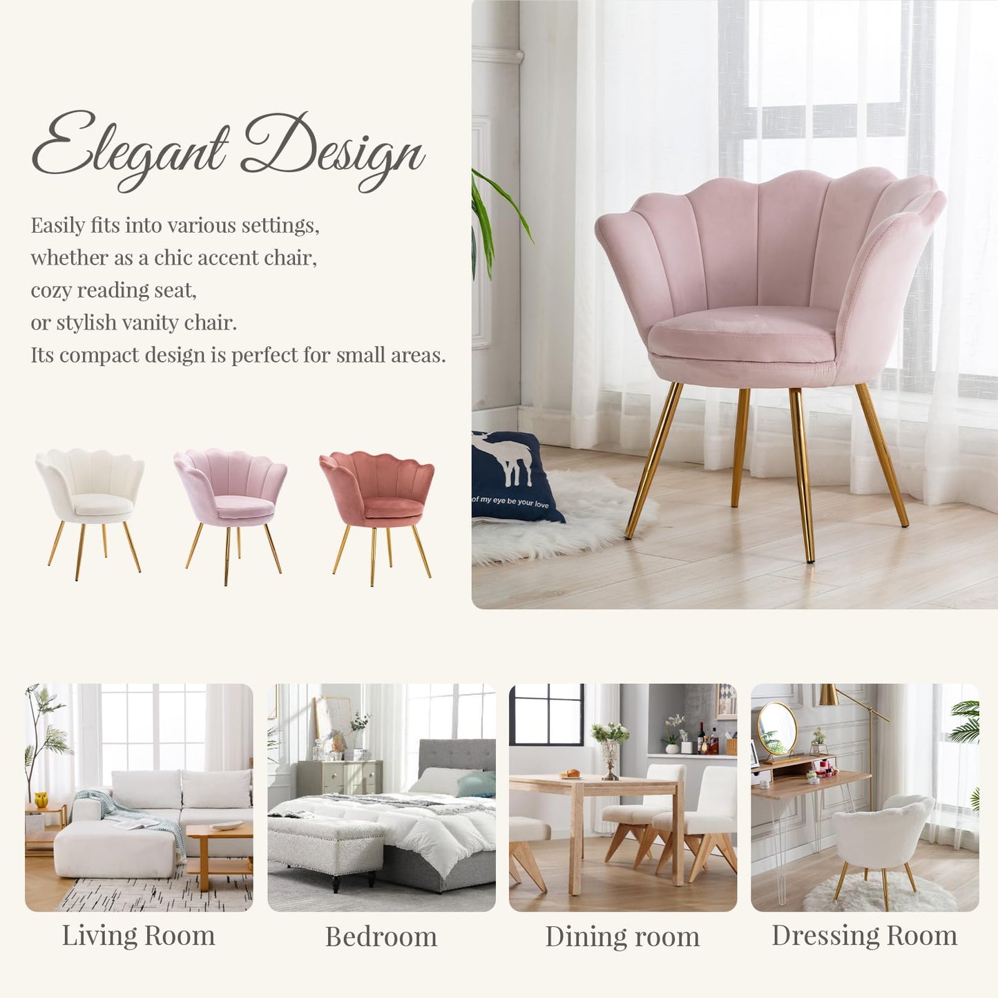 chairus Chair, Mid Century Modern Retro Leisure Velvet Accent Chair with Golden Metal Legs, Vanity Chair for Bedroom Living Room Dresser, Upholstered Guest Chair(Light Pink)