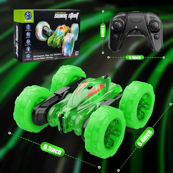 Remote Control Car-Rechargeable Fast Direct Charging RC Cars For Kids with Colorful Light,Double-Sided 360° Rotating Stunt 4WD RC Truck Car Toys for Ages 5-7 Gift for Boys Girls Aged 8-12 Green