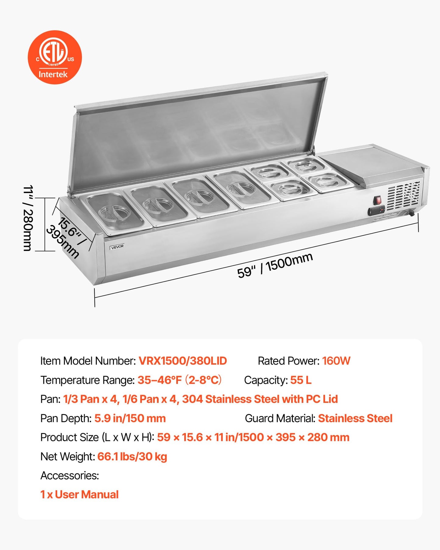 VEVOR Refrigerated Condiment Prep Station, 130 W Countertop Refrigerated Condiment Station, with Four 1/3 Pans & Four 1/6 Pans, 304 Stainless Body and PC Lid, Sandwich Prep Table with Stainless Guard