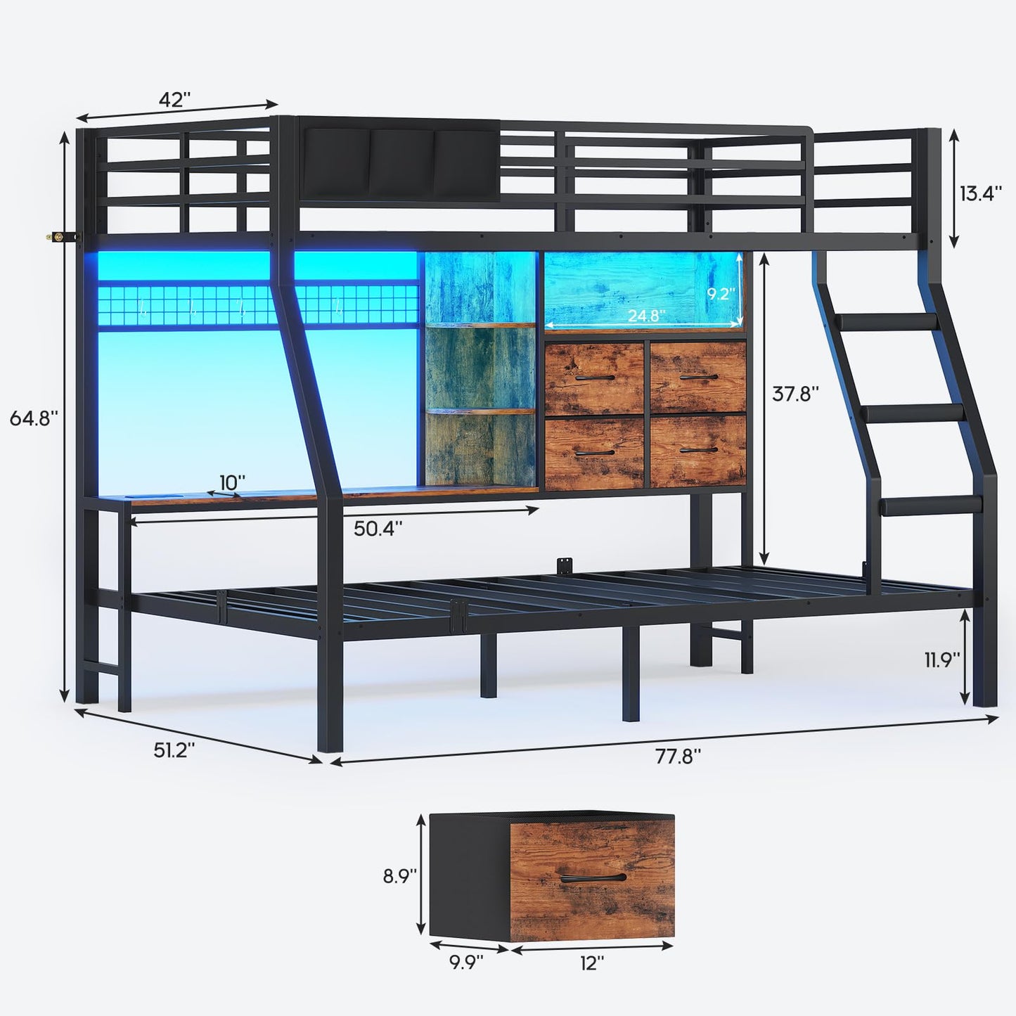 BTHFST Bunk Bed Twin Over Twin with 4 Storage Drawers & Shelves & Bedside Caddy, Twin Bunk Beds with Led Lights & Charging Station, Metal Loft Bed with Angled Ladder & Safety Guardrail, Rustic Brown