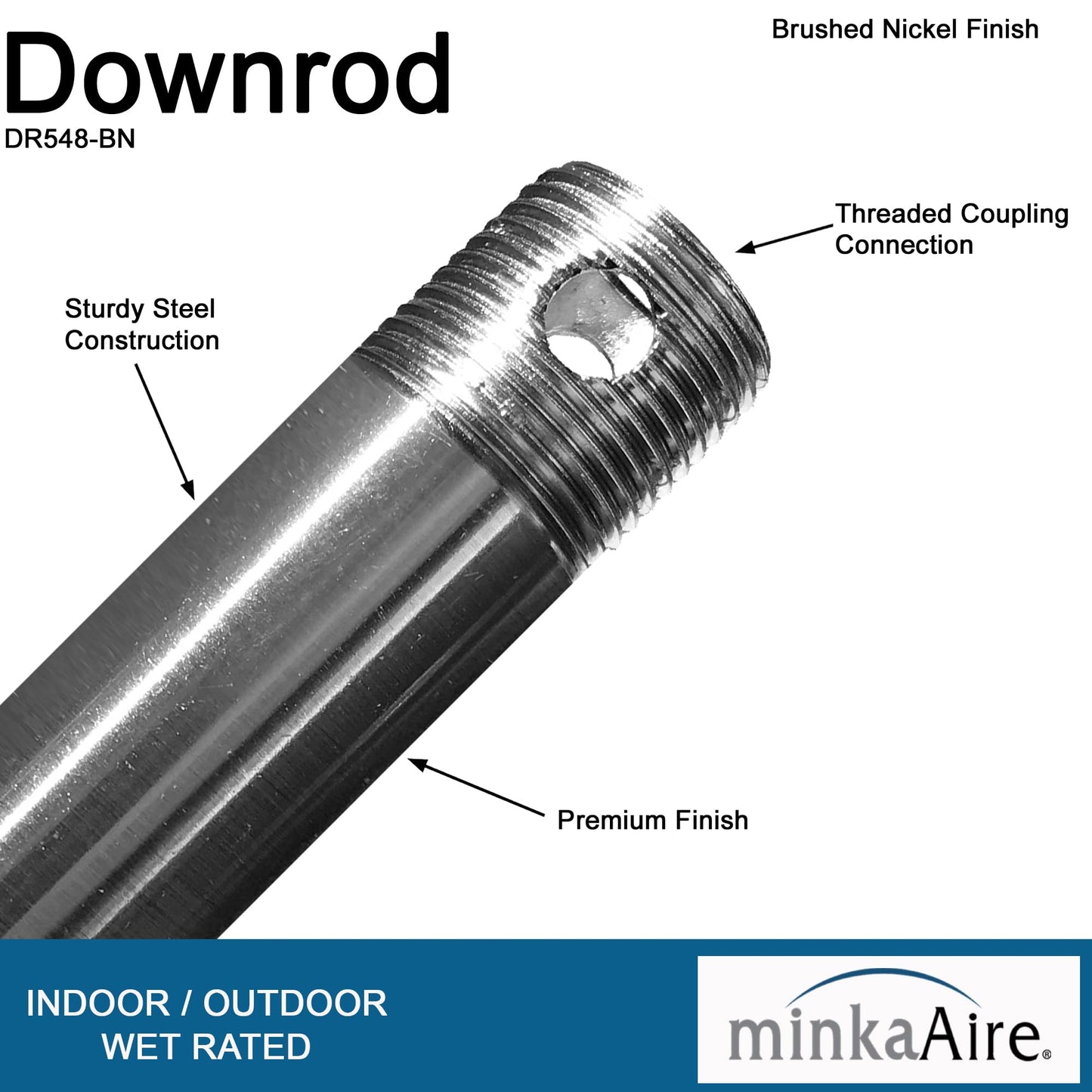 Minka-Aire 48 Inch Ceiling Fan Downrod - Brushed Nickel - Dr548-Bn