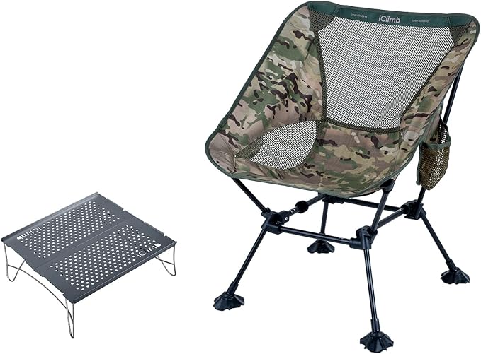 iClimb 1 Anti-Sinking Large Feet Chair and 1 Solo Mini Folding Table Bundle, Ultralight Compact for Solo Person Outdoor Ba...