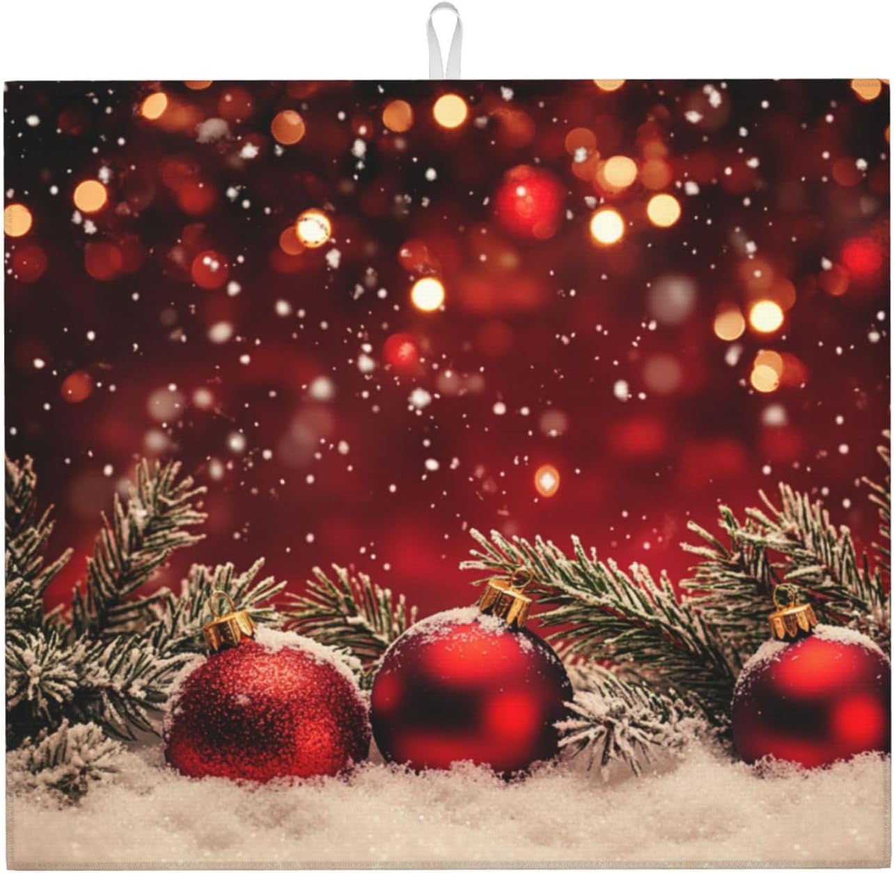 Dish Drying Mat Red Christmas Ball Glitter Absorbent Microfiber Non Slip Quick Dry Heat Resistant Holiday Decorative Kitchen Counter Mat for Plates Cups Glasses 16x18 Inch