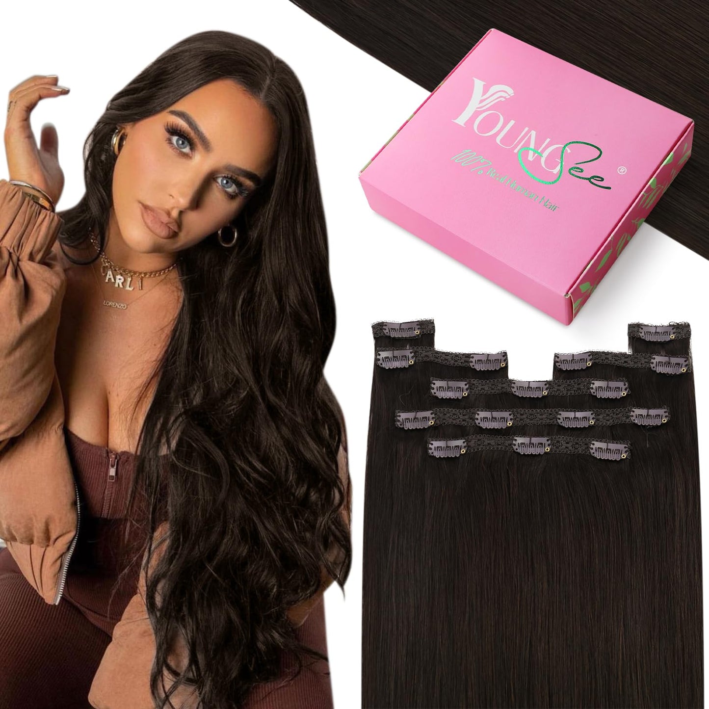 YoungSee 135G Clip in Hair Extensions Darkest Brown Lace Clip in Extensions Brown Easy to Blend with Natural Hair 18Inch 7Pcs
