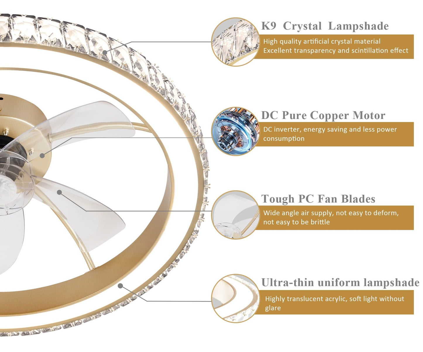 Aipsun Low Profile Modern Crystal Chandelier Ceiling Fans with Lights and Remote, 3000K-6500K Smart Bladeless LED Fan Light, 22" Gold Modern Ceiling Fans with Lights for Bedroom