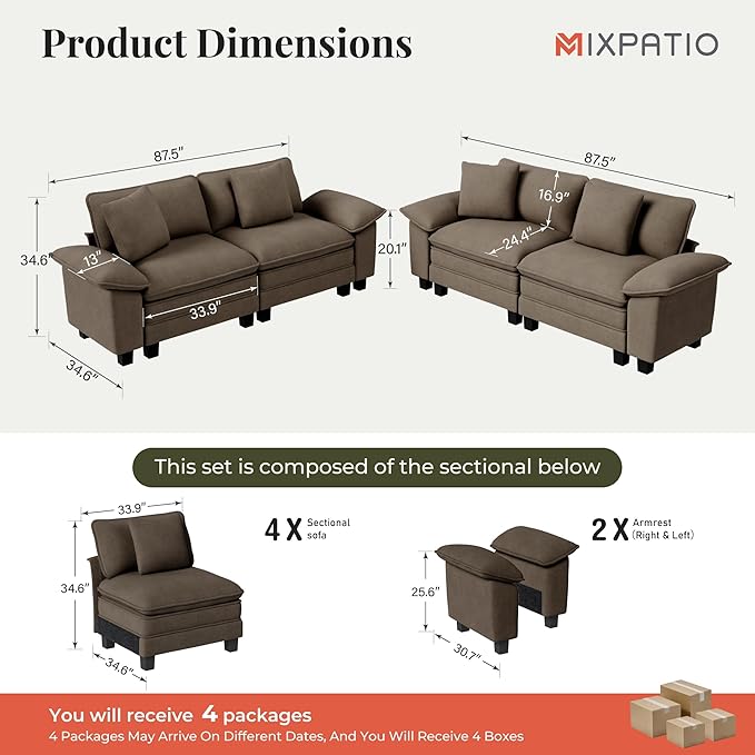 MIXPATIO L-Shaped Cloud Modular Sofa Set, 4-Piece Double Loveseat Sectional w/Deep Seat & Removable Arms, Plush Chenille for Living Room - Taupe