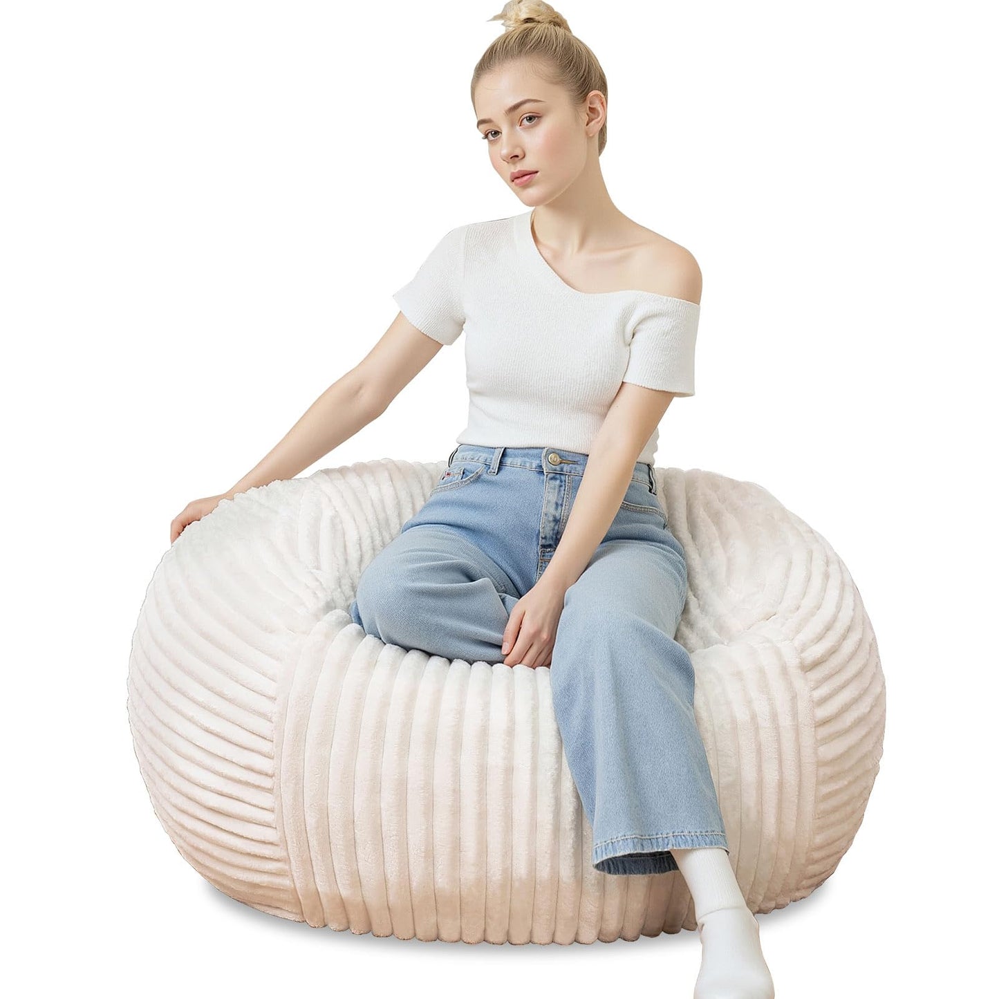 Bean Bag Chairs for Adults，Bean Bag Chair with Filler Included，Detachable and Washable Flannel Cover, Round Fluffy Sofa Chair Filled with Memory Foam, Suitable for Gaming, Bedroom (Off-White)