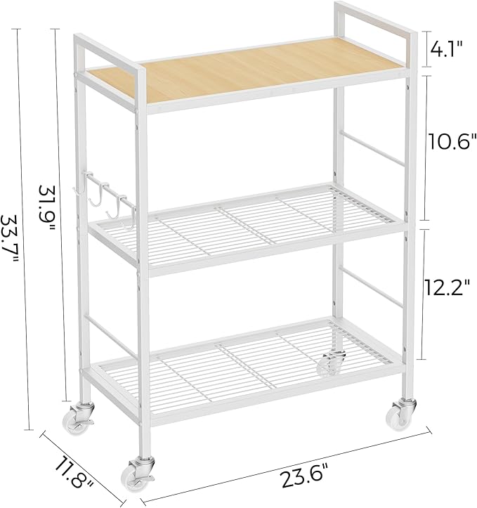 XIVIRACK 3-Tier Metal Storage Rack with Industrial Wheels,Mesh Shelving Unit with Wooden Table top,Adjustable Shelf,23.6-Inch Width,for Kitchen,Laundry,Pantry,Plant,Oak panel and white frame