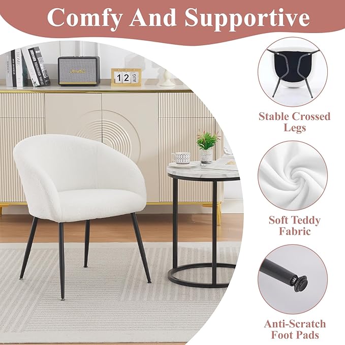 YDcosyfy Modern Small Accent Chair Set of 2, Comfy Sherpa Makeup Vanity Chair with Metal Legs, Decorative Chair no Wheels for Living Room, Dressing Room, Bedroom, White