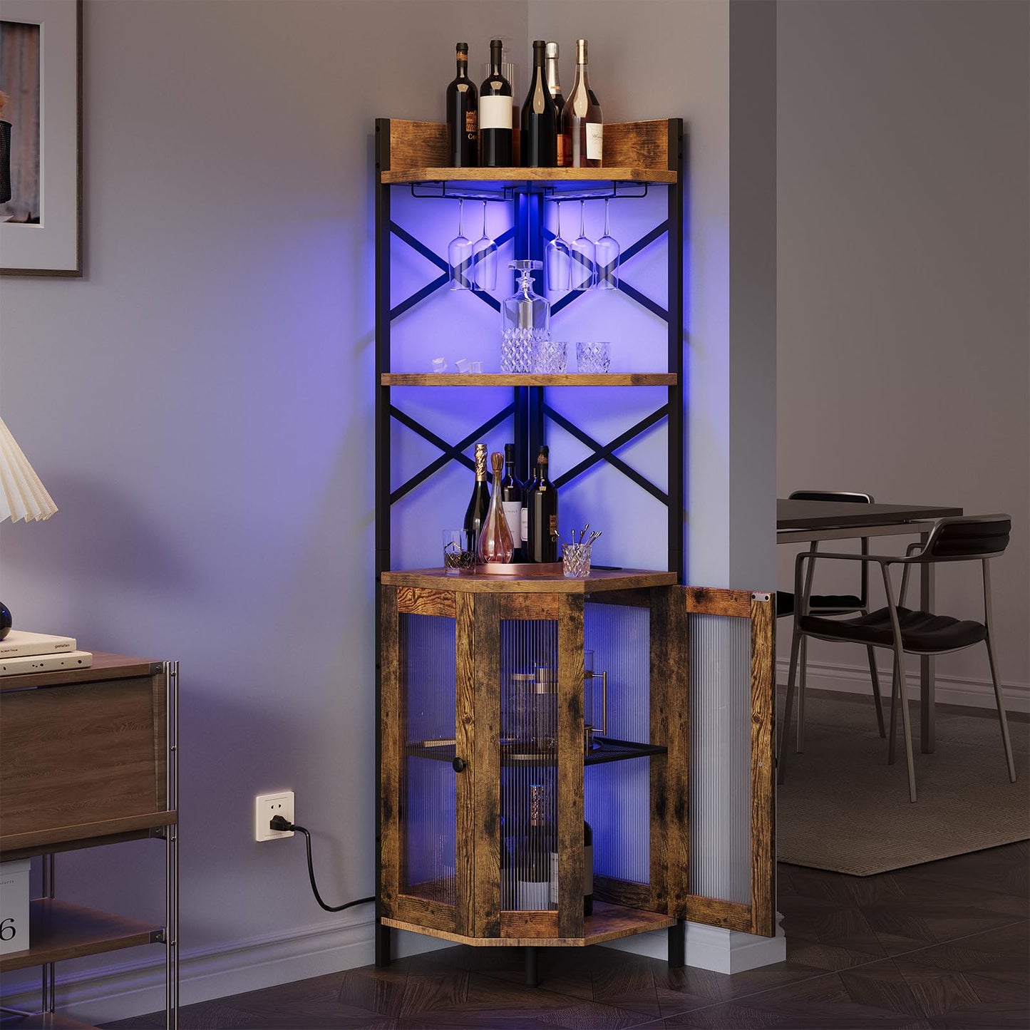 Airynee Corner Bar Cabinet with Power Outlet, 5-Tier Corner Wine Cabinet with Led Strip and Glass Holder, Industrial Tall Liquor Cabinet Bar Wine Rack for Home, Rustic Brown