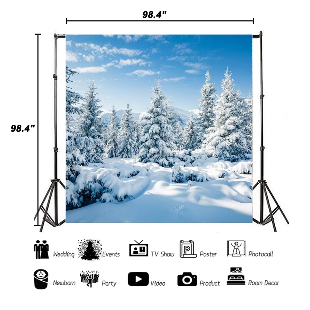 Aofoto 8X8Ft Snowy Forest Scenery Backdrop Snow Covered Fir Pine Trees Snowscape Photography Background Winter Snowfield Landsca
