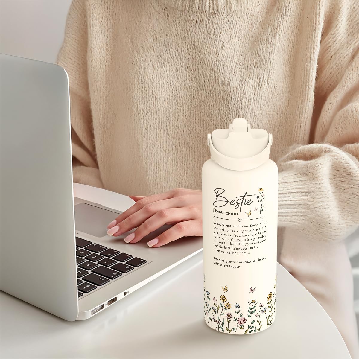 Best Friend Water Bottle 32oz Stainless Steel with Lid & Straw, Bestie Insulated Bottles for Women Girls Female Friends Sisters, Gifts Ideas for Birthday Christmas