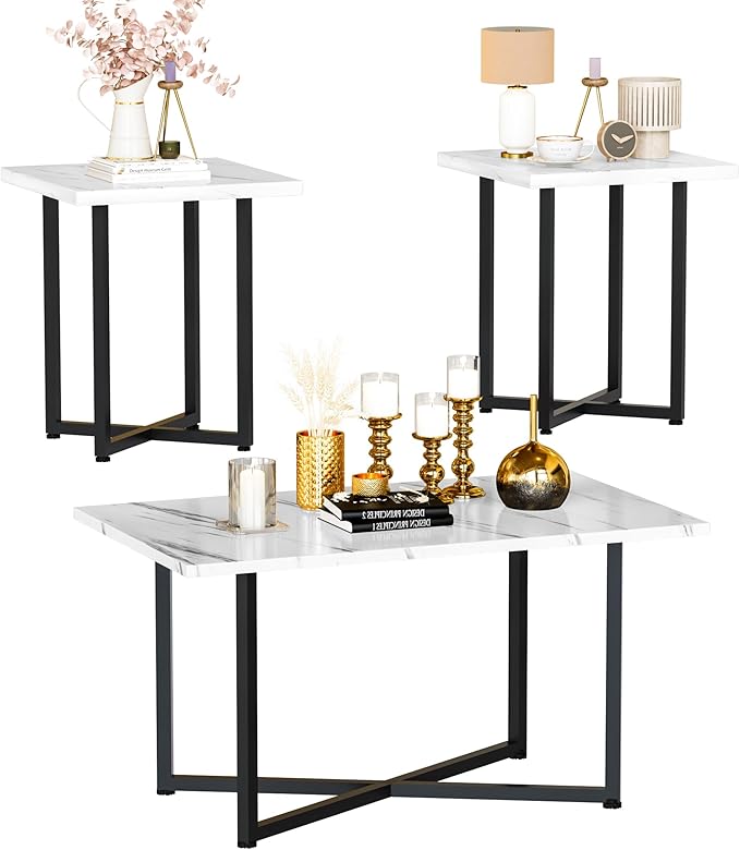 AWQM Coffee Table Set of 3, Industrial Coffee Table with 2 Square End Side Tables, Modern Living Room Table Set with Metal Frame for Apartment Home Office