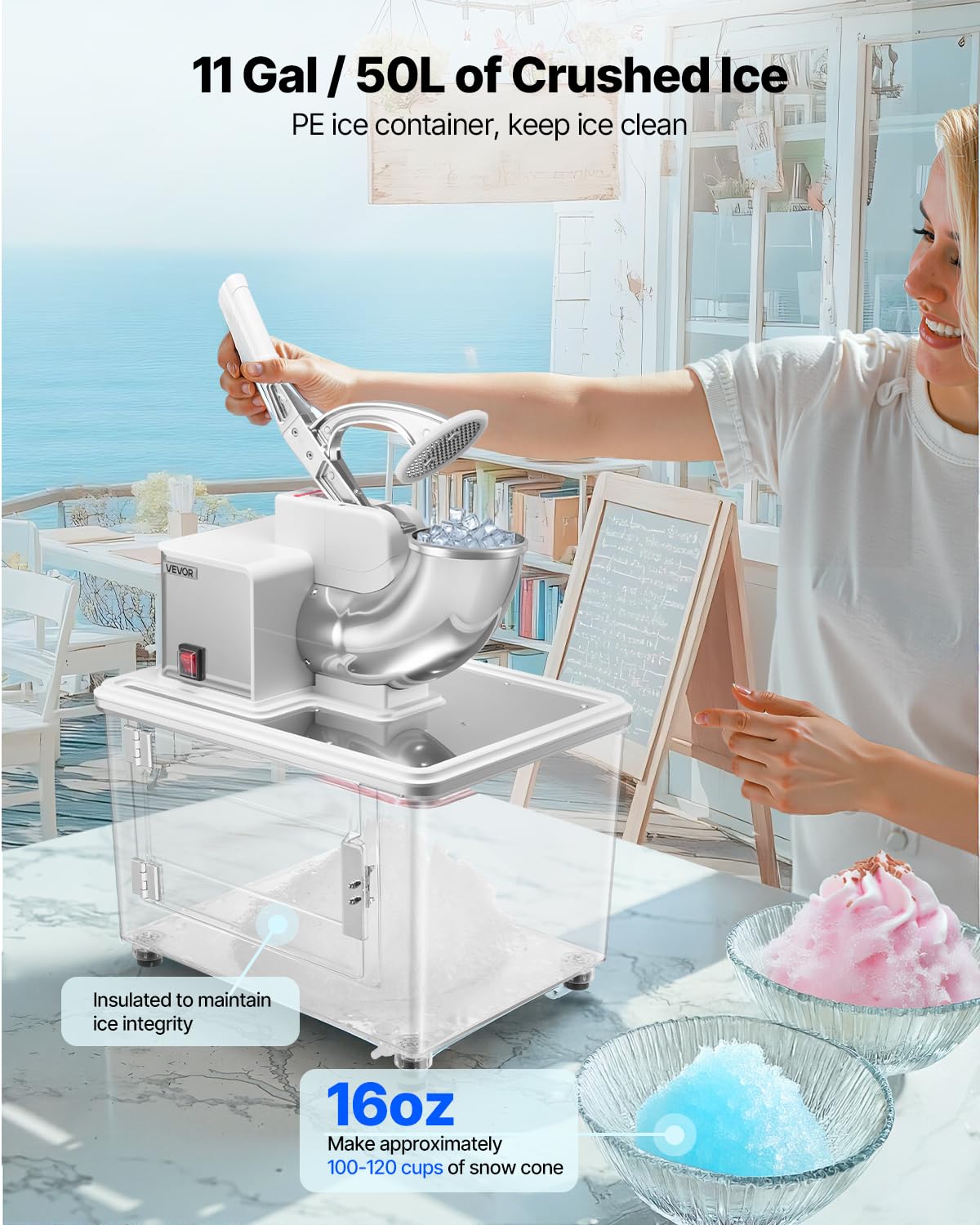 VEVOR Commercial Ice Crusher 661LBS/H, 350W Electric Snow Cone Machine with 4 Blades, 1400RPM Stainless Steel Shaved Ice Machine with 11 Gal Crushed-Ice Box, for Family Restaurants Bars, White