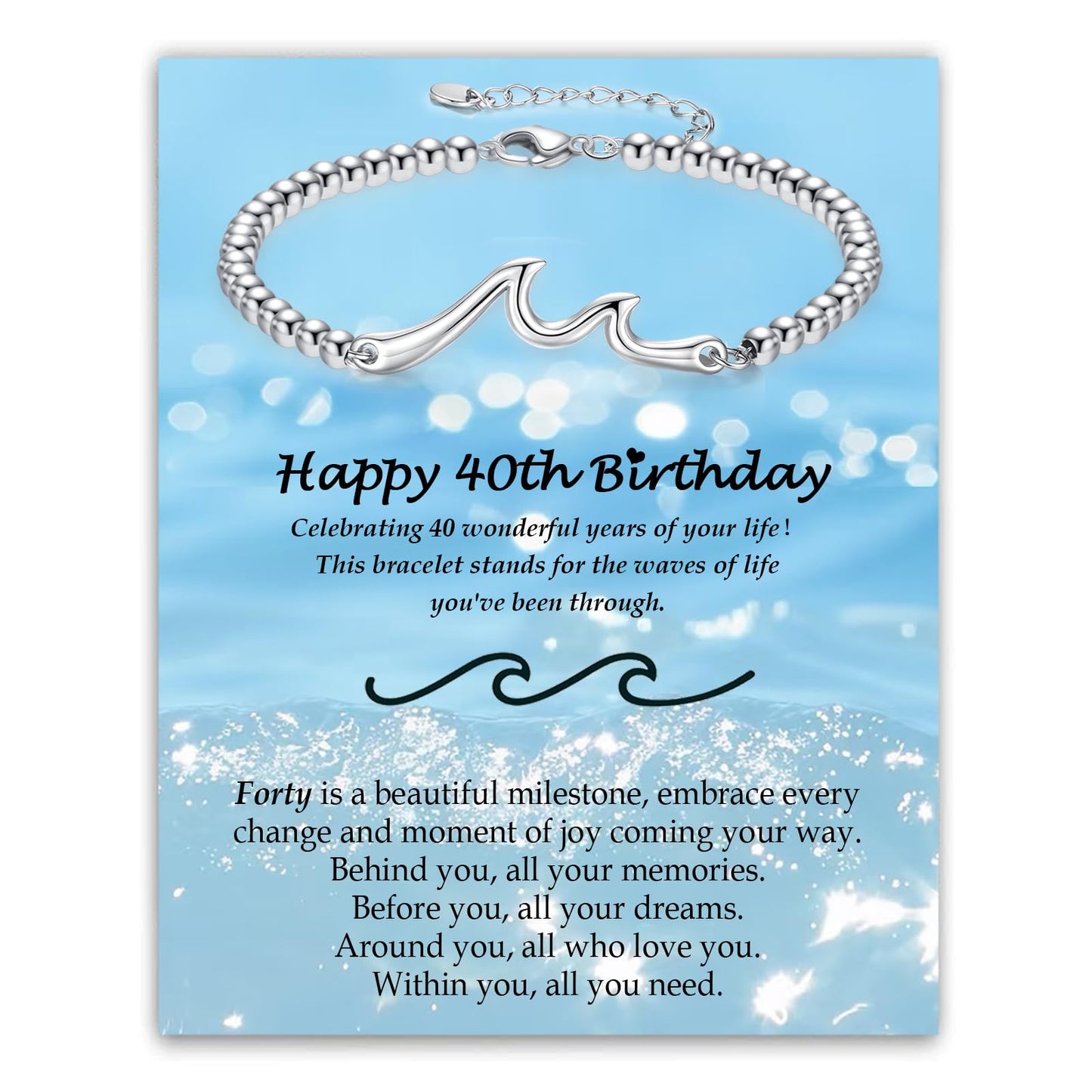 YBISNAIRE 40th Birthday Bracelet Gifts for Women, Silve Wave Bracelet Happy 40 Birthday Gifts for Her 40 Year Old Woman Wife Mom Aunt Woman Daughter Sister Bestie Friend with A Sentimental Gift Card