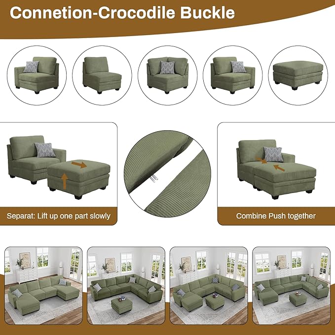 Legend Vansen Oversized Modular Sectional Sofa,6 Seat U Shaped Couch with Ottoman,Corduroy Sofa with Deep Seat,Convertible Large Sectional Couches for Living Room (Olive, L-6)