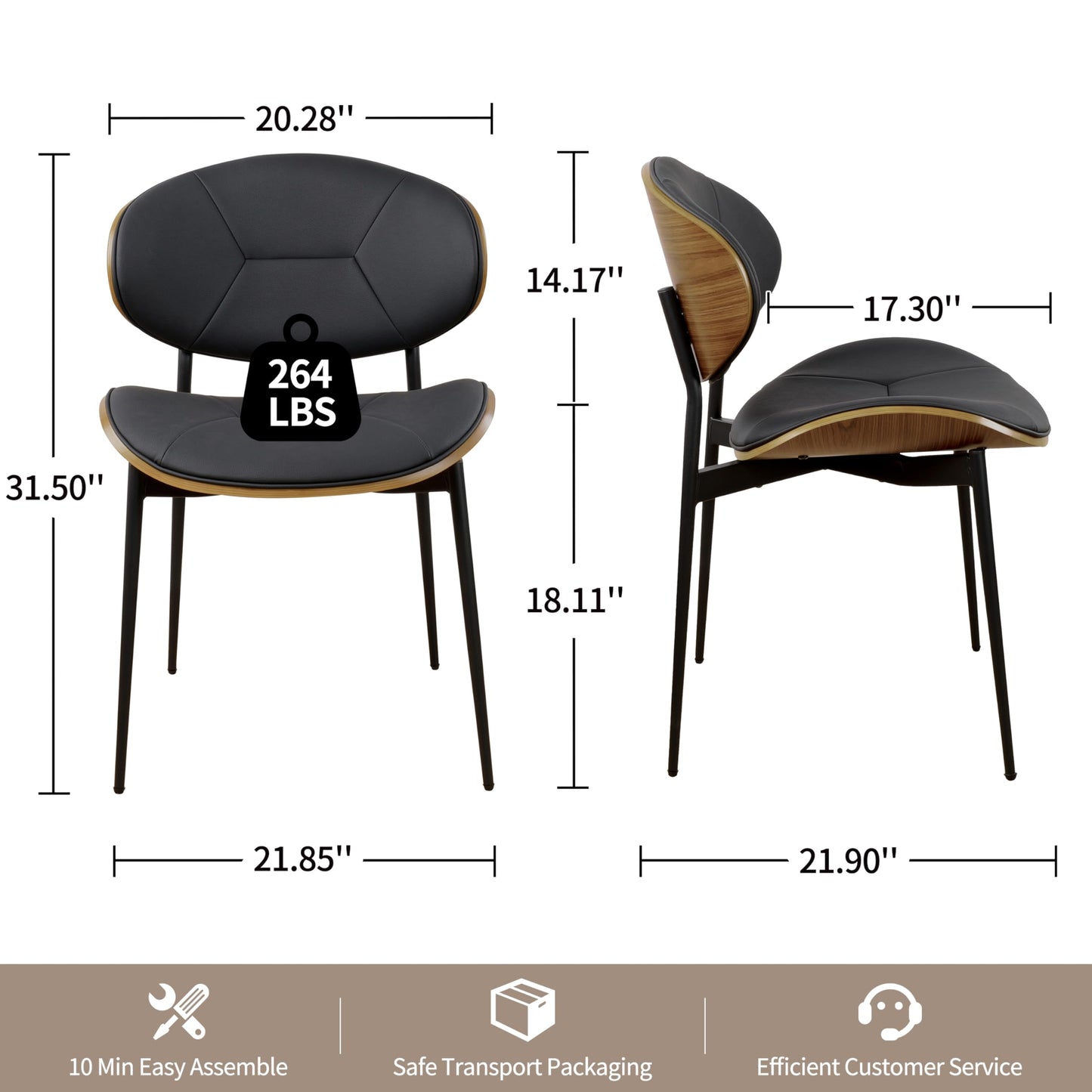 Art Leon Dining Chairs Set of 2- Modern Kitchen Chairs Side Chairs Curved Back and Metal Legs for Kitchen Dining Room Restaurant Black
