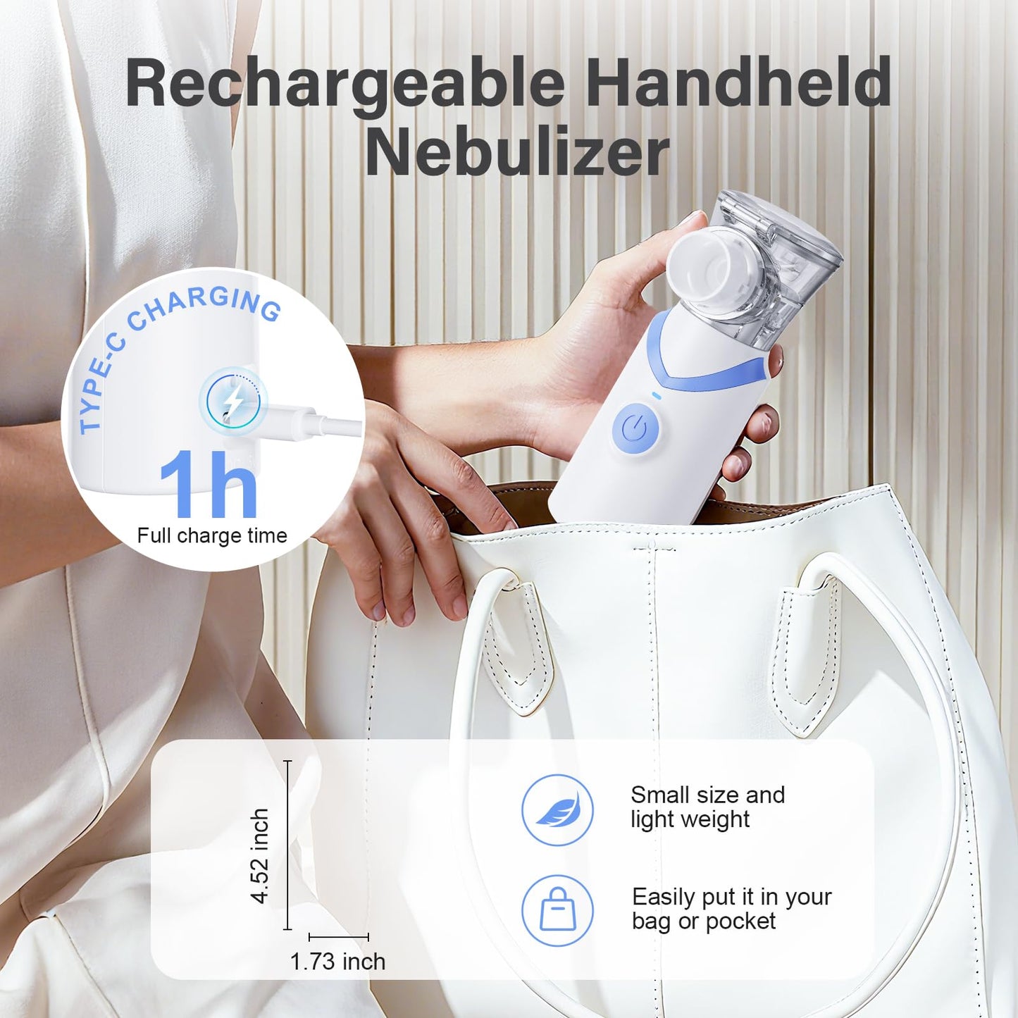 Portable Handheld Mesh Nebulizer – 3 Modes (Adult/Child/Auto-Clean), Ultra-Quiet <20dB, 800mAh Rechargeable, Fine Mist for Comfortable Use Spacer OTC (Blue)