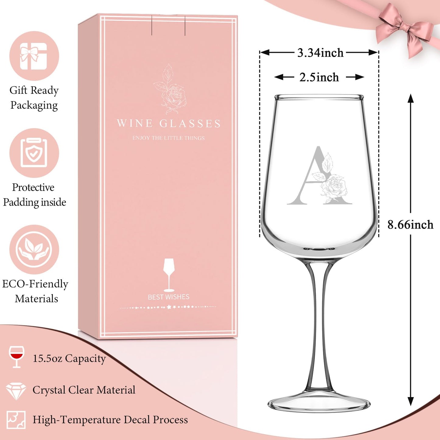 Monogrammed Wine Glass Gifts for Women - Personalized A-Z Wine Glasses with Gift Box & Greeting Card | Custom Mothers day, Anniversary, Birthday Gifts for Her, Mom, Wife, Best Friend, Sister,Woman (A)