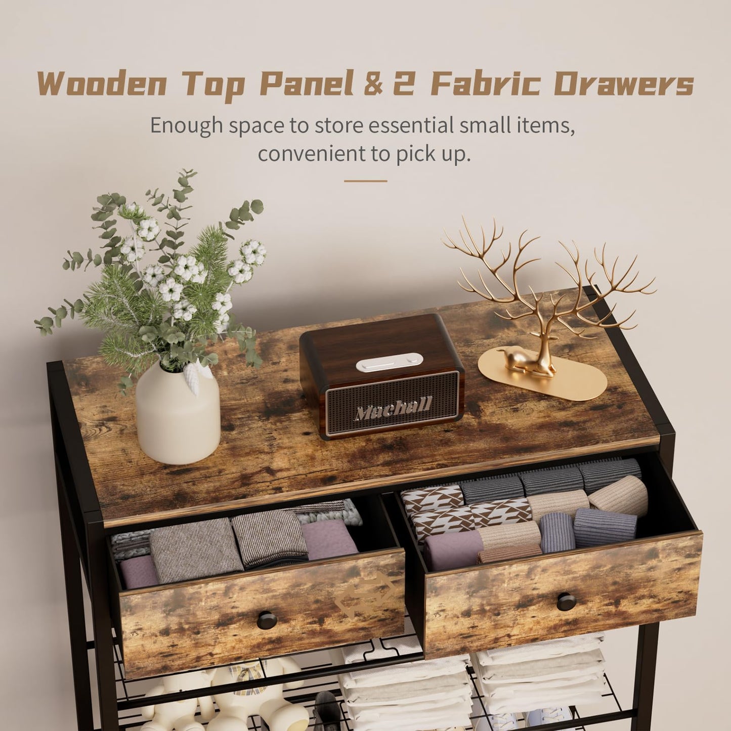 MILEFA 7 Tier Shoe Rack with 2 Drawers, Metal Shoe Organizer for 20 to 28 Pairs of Shoes, Shoe Stand with Steel Frame and Wooden Top, Shoe Shelf for Front Door Entrance, Closet, Rustic Brown