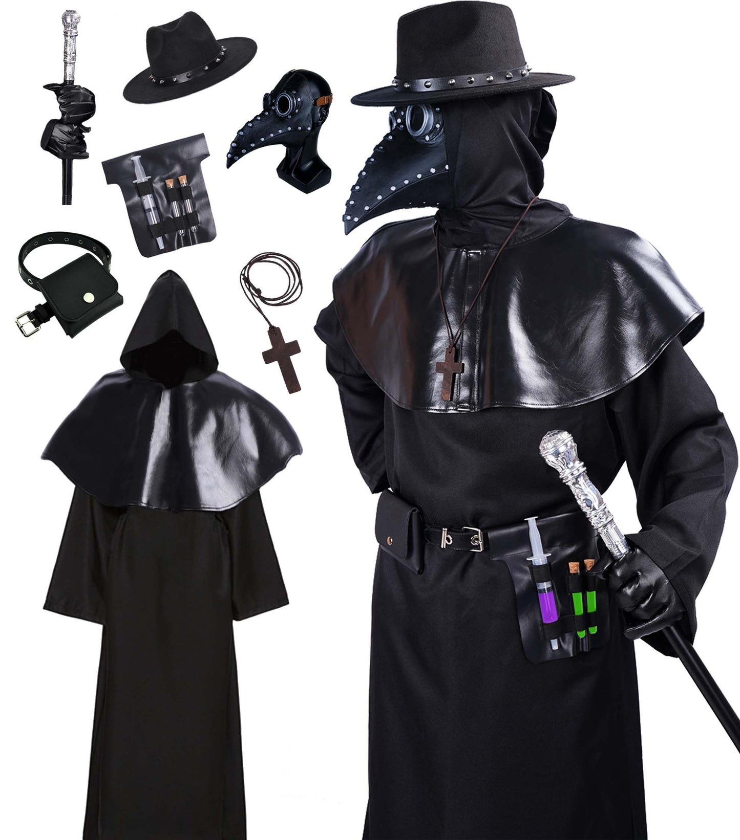 Vezadina Plague Doctor Renaissance Medieval Priest Halloween Cosplay Costume with Hat, Mask, Robe, Gloves, and Cane (XX-Large)